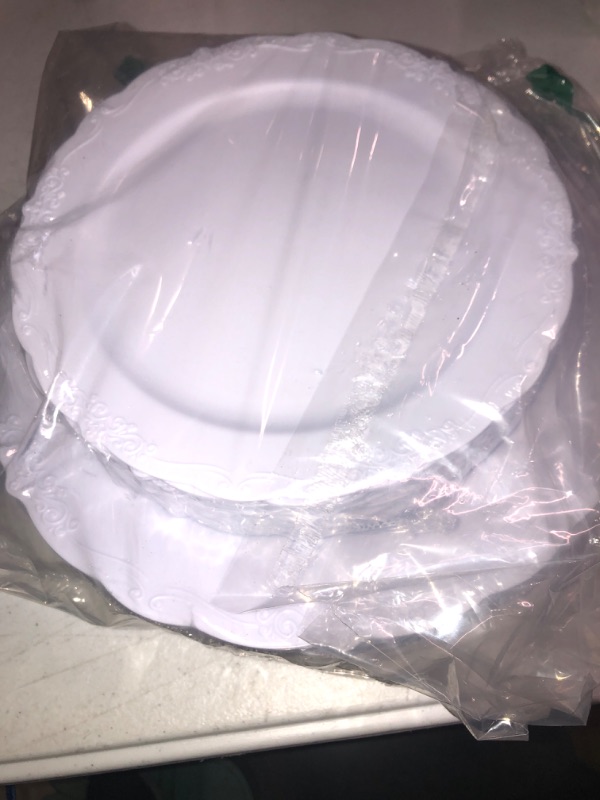 Photo 2 of U-QE 100 Pieces White Disposable Plates - Premium Hard Plastic Plates for Wedding and Party Use Including 50 Dinner 10.25 '' & 50 Dessert 7.5 '' Plates