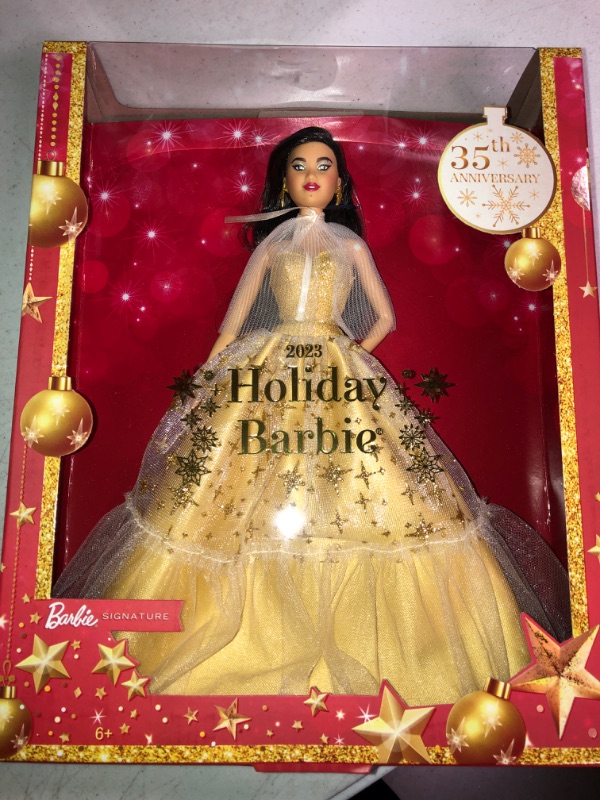 Photo 2 of Barbie Signature Doll, 2023 Holiday Collectible with Golden Gown & Black Hair, Doll Stand & Displayable Packaging