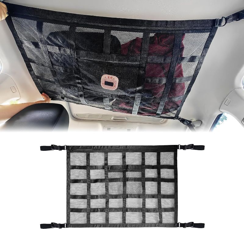 Photo 1 of Car Ceiling Cargo Net 31.5"x21.7"Mesh Car Roof Storage Organizer with Car Storage Pocket,Car Net,Adjustable Double-Layer Mesh,Droop Less for SUV Truck Car Long Road Trip Camping Interior Accessories