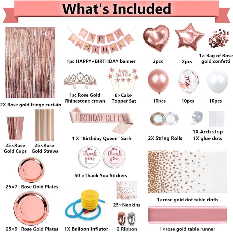 Photo 1 of birthday decorations for women rose gold - (Total 170pcs) happy birthday Supplies for women, Balloons,tablecloth,Foil Backdrops,Plates,Cups,Photo Props,Sash,Tableware for 24 Guests
