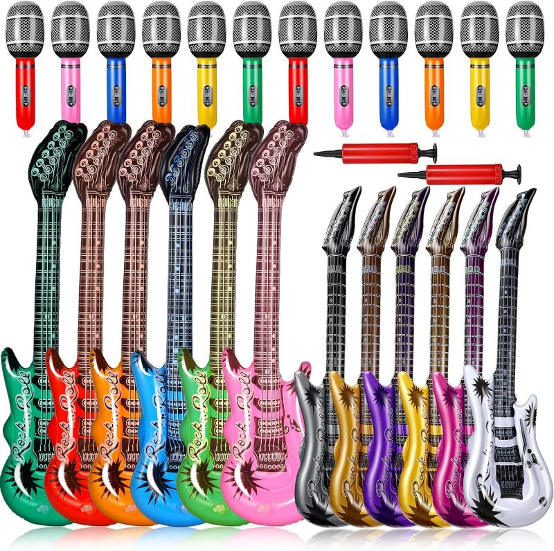 Photo 1 of 48 Pcs Inflatable Rock Star Toy 37 Inch Set, Blow up Guitar Bulks Include Inflatable Guitar 24 Inch and Inflatable 10 Inch Microphone for 80s 90s Musical Themed Party, Birthday Party Decor