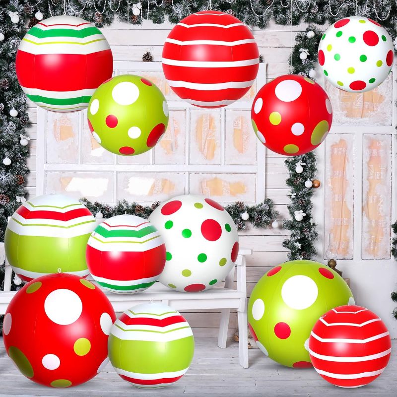 Photo 1 of 12 Pcs 24 Inch 16 Inch Giant Inflatable Christmas Ball Christmas Outdoor Inflatables Ornaments Giant PVC Inflatable Christmas Ball for Christmas Tree Holiday Yard Lawn Porch Decor(16 Inch)