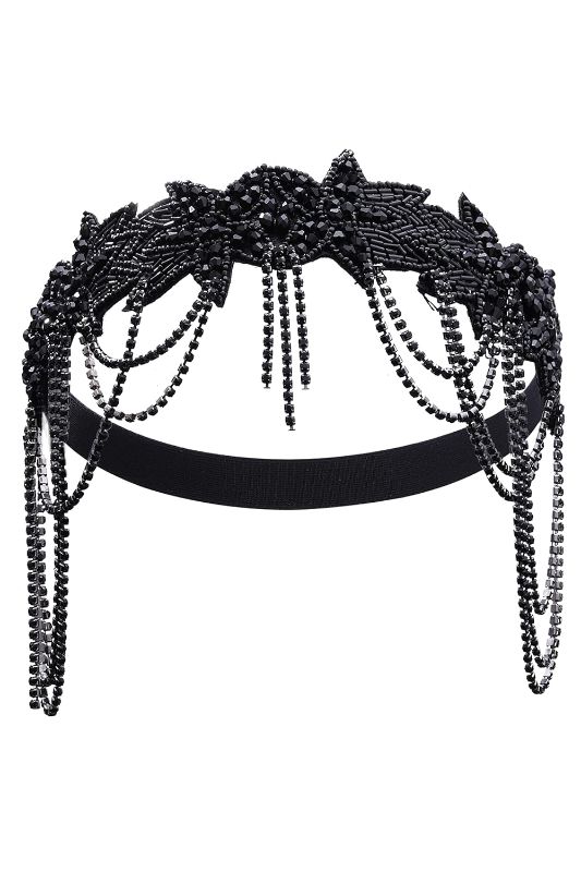 Photo 1 of BABEYOND 1920s Flapper Headpiece Roaring 20s Headband Great Gatsby Headband Chain for Women Vintage Hair Accessory (Black)
