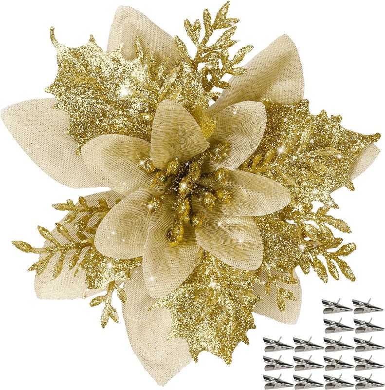Photo 1 of 16 PCS Poinsettia Flower Artificial Poinsettia Christmas Decorations Glitter Poinsettias Christmas Ornaments Christmas Tree Flower Decorations with Clips DIY Xmas Wreath Holiday Weed Home Party Decor Gold