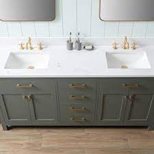 Photo 2 of **1sink is cracked and broken, **Jasper 72 in. W x 22 in. D x34" Bath Vanity in Vintage Green with Engineered Stone Vanity in Carrara White with White Sinks
