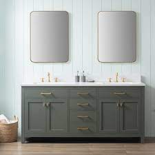 Photo 1 of **1sink is cracked and broken, **Jasper 72 in. W x 22 in. D x34" Bath Vanity in Vintage Green with Engineered Stone Vanity in Carrara White with White Sinks
