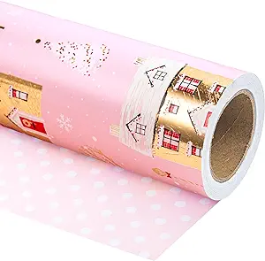 Photo 1 of WRAPAHOLIC Reversible Christmas Wrapping Paper - Mini Roll - 17 Inch X 33 Feet - Pink House and Polka Dots Design with Metallic Foil Shine for Chrsitmas, Holiday, Party Celebration Pink & Gold - House