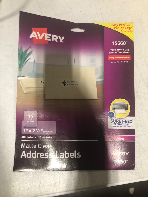 Photo 2 of Avery Clear Easy Peel Address Labels for Laser Printers 1" x 2-5/8", Pack of 300 (15660) 300 labels