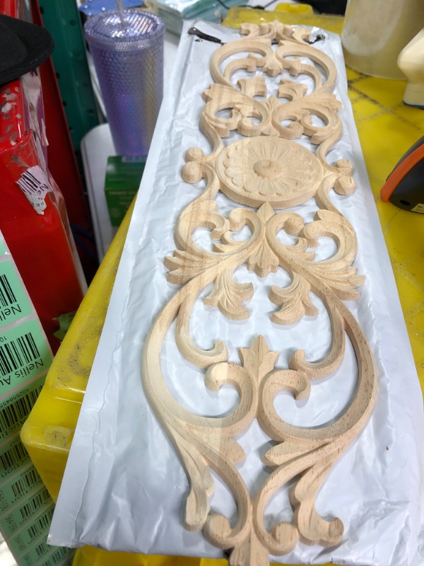 Photo 2 of 1Pc Wood Appliques, Decorative Carved Wooden Onlays Furniture Makeover, Long Carvings Side Decals for Wall Bed Door Mirror Dresser Cupboard Closet Cabinet DIY Craft Project, 48x11cm/18.9x4.33in 48x11cm/18.9x4.33in 1Pc