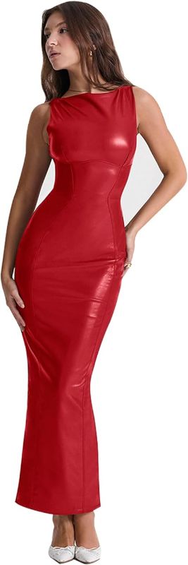 Photo 1 of XLLAIS Women's Faux PU Leather Bodycon Maxi Dress Sexy Boatneck Tank Long Dresses Large Red