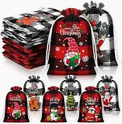 Photo 1 of 24 Pieces Gift Bags Buffalo Plaid Burlap Drawstring Washable Cotton Xmas Bag for Candy Wrapper Christmas Party Favor (Red and Black,) Red Black 24 Count (Pack of 1)