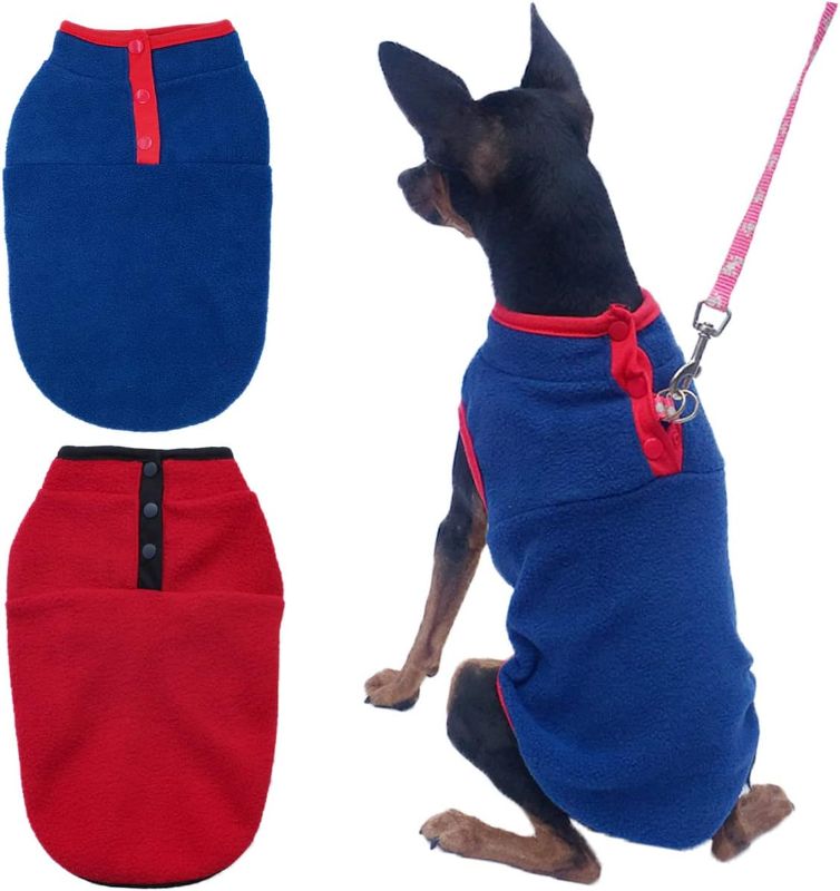 Photo 1 of 2 Pack Dog Fleece Vest Sweater, Warm Pullover Fleece Puppy Jacket, Autumn Winter Cold Weather Coat Clothes, Pet Stretch Fleece Apparel with Buttons for Small Medium Dogs Cat (Red+Blue, X-Large) Red+Blue X-Large