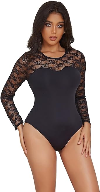 Photo 1 of  Long Sleeve Lace Bodysuit Tops for Women Round Neck Sexy Leotard Tops Snap Crotch Bodysuits Clubwear XL SIMILER NOT EXACT AS PHOTE