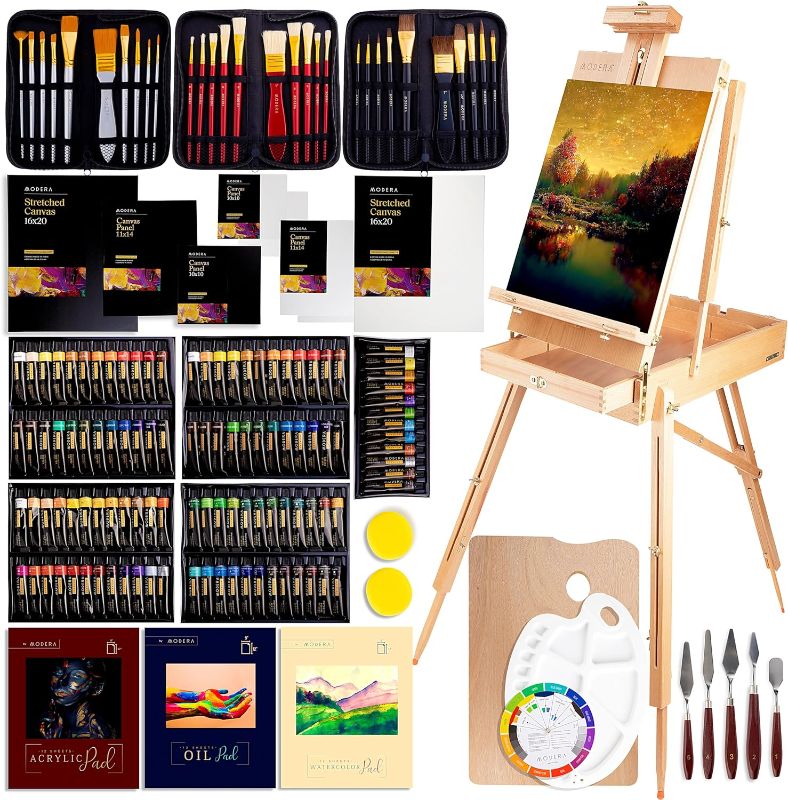 Photo 1 of  French Easel Painting Set | All-in-One Deluxe Artist Starter Kit w/Wooden Field & Studio Sketch Box Easel for Adult Professional Paints,...