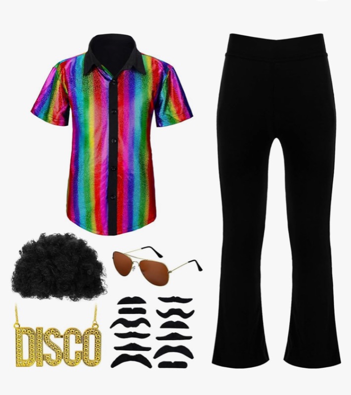 Photo 1 of Bonuci 17 Pcs Boy's 70s Disco Costume Sequin Shirt Bell Bottom with Wig Sunglasses Disco Necklace 12 Fake Beard