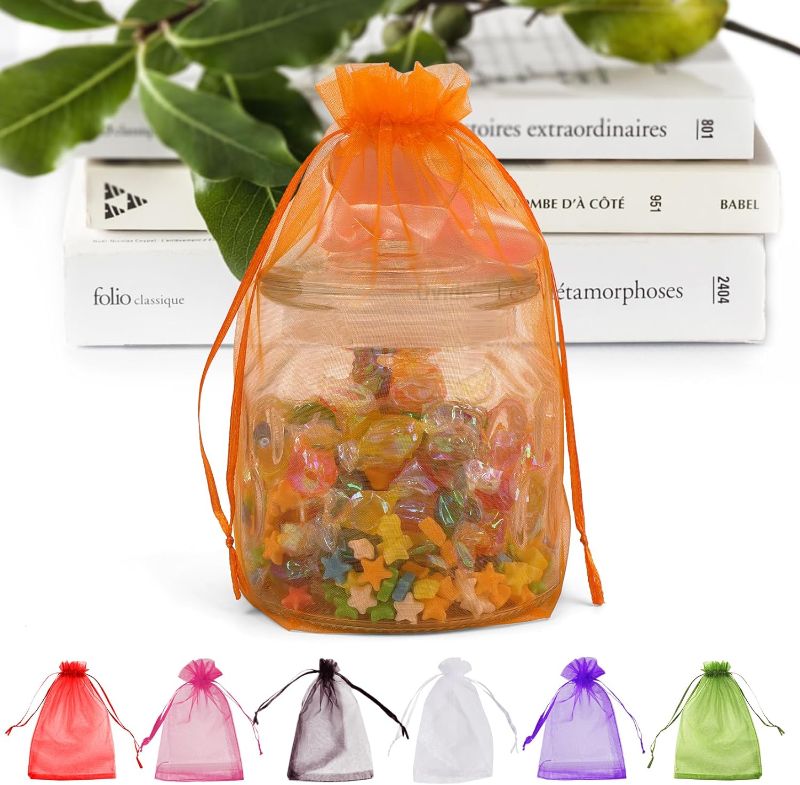 Photo 1 of ANZNKU 50 Pack Premium Sheer Organza Bags 6x9 inches Mesh Bags Drawstring, Gift Bags for Party, Wedding, Mesh, Festival, Makeup, Organza Favor Bags, Mesh Bags Drawstring (Orange) Orange 6x9 Inch (Pack of 50)