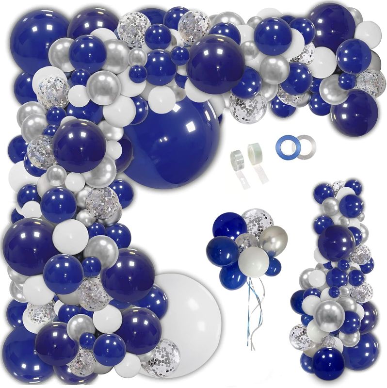 Photo 1 of 148pcs Navy Blue Silver Balloons Garland Kit, Royal Blue Silver White Confetti Balloon Arch for Birthday Decoration 2024Graduation Party Wedding Baby 