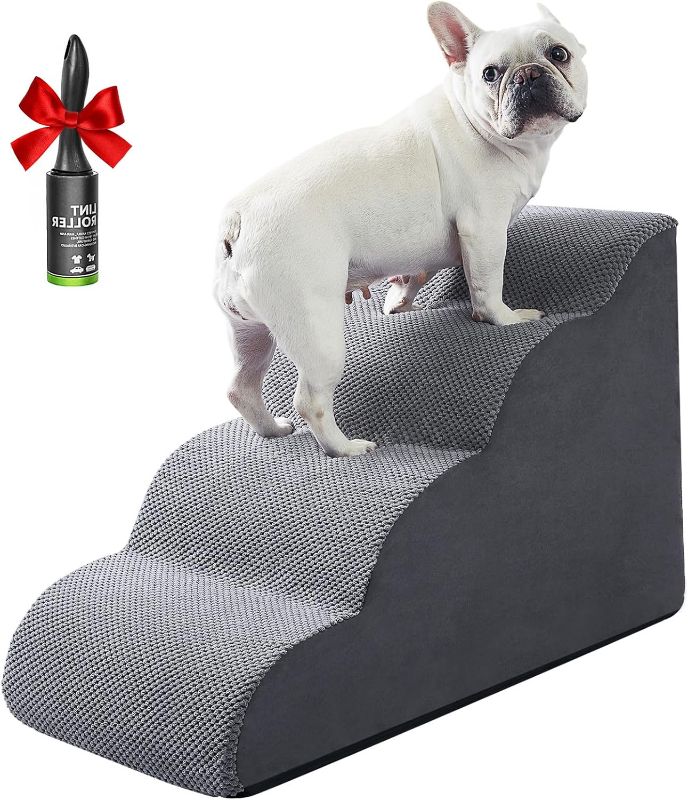 Photo 1 of  Dog Stairs Ramps to High Beds and Couch Up to 24'', Dog Step for Small Large Dog with High-Density Foam, 4-Step Pet Stairs with Non-Slip Bottom for Puppy and Cat, Gifts Lint Roller for Dogs