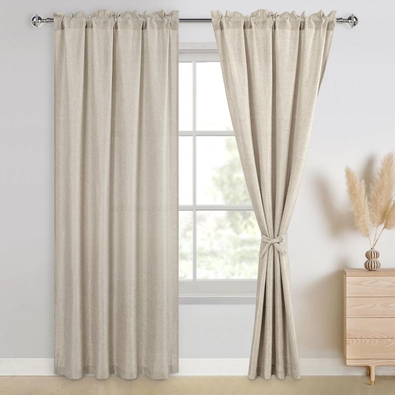 Photo 1 of  Beige Faux Linen Curtains for Bedroom, Rod Pocket Thick Linen Semi Sheer Curtains Privacy Protected Light Filtering Curtains & Drapes for Living Room,Set of 4 Window Curtain Panel, 52 W x 90L