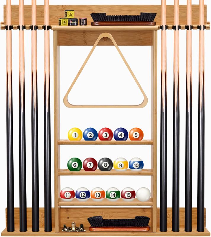 Photo 1 of  Floor Stand Billiard Pool Cue Racks-12 Pool Billiard Stick Storage Rack, Vintage Wood Pool Cue Stick Holder Freestanding, Floor Pool Stick Holder for Billiard Room Gaming Room COLOR "BURLYWOOD OAK"