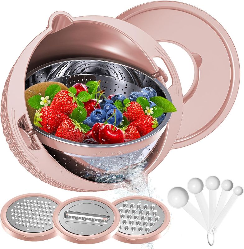 Photo 1 of  Colander with Mixing Bowl Set - - Fruit Strainer Bowl, Colanders & Food Strainers Stainless Steel, Rotatable Kitchen Colander Strainer Bowl - Pink