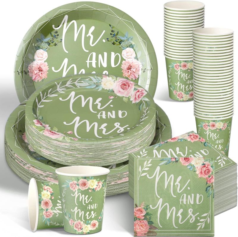 Photo 1 of 250 Pcs Sage Green Flower Bridal Shower Plates Napkins Set 50 Pcs 9'' Dinner Plates 50 Pcs 7'' Dessert Plate 50 Pcs 9oz Cups 100 Pcs Napkins Mr. and Mrs. Party Supplies Bridal Shower Decoration
