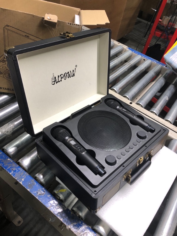 Photo 1 of Karaoke Machine, ALPOWL Portable PA Speaker System with a Record Player Shape, Bluetooth Karaoke Machine with 2 Karaoke Microphone for Home Party, Wedding, Church, Picnic, Outdoor/Indoor (Black)