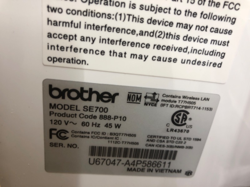 Photo 6 of Brother SE700 Sewing and Embroidery Machine, Wireless LAN Connected, 135 Built-in Designs, 103 Built-in Stitches, Computerized, 4" x 4" Hoop Area, 3.7" Touchscreen Display, 8 Included Feet