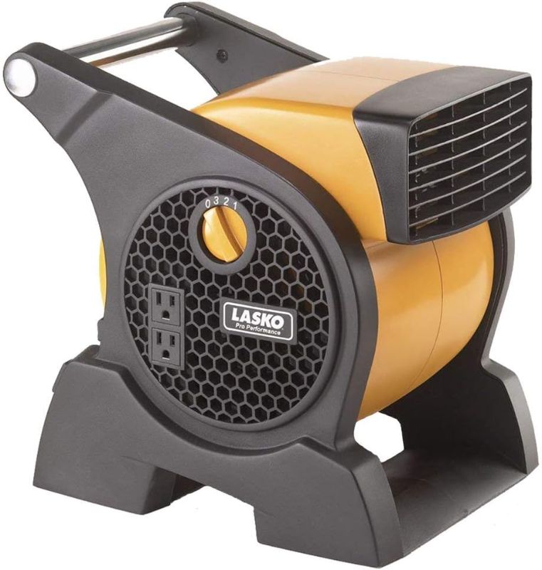 Photo 1 of Lasko Pro-Performance High Velocity Utility Fan-Features Pivoting Blower and Built-in Outlets, 1, Yellow 4900 