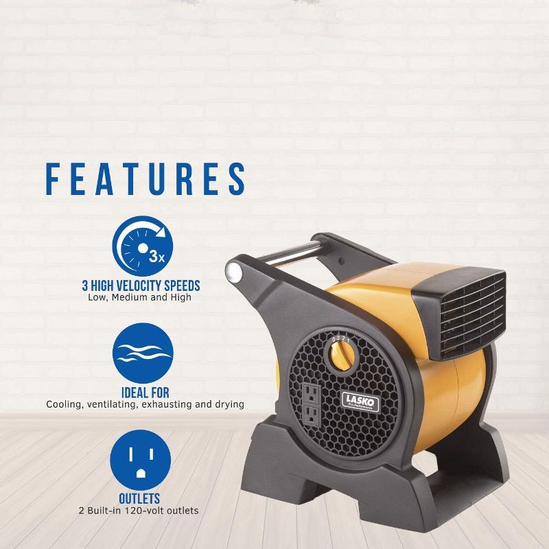 Photo 2 of Lasko Pro-Performance High Velocity Utility Fan-Features Pivoting Blower and Built-in Outlets, 1, Yellow 4900 