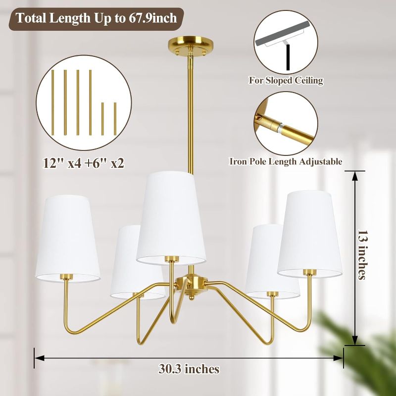 Photo 1 of 5-Light Modern Chandelier with White Shades, 30” Brass Gold Chandelier for Dining Room, Classic Pendant Ceiling Light Fixture w/ E12 Base Hanging Lamp for Living Room Hallway Bedroom Height Adjustable 