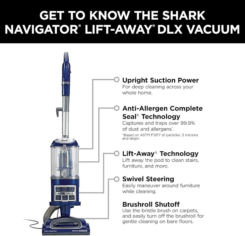 Photo 4 of Shark NV360 Navigator Lift-Away Deluxe Upright Vacuum with Large Dust Cup Capacity, HEPA Filter, Swivel Steering, Upholstery Tool & Crevice Tool, Blue 
