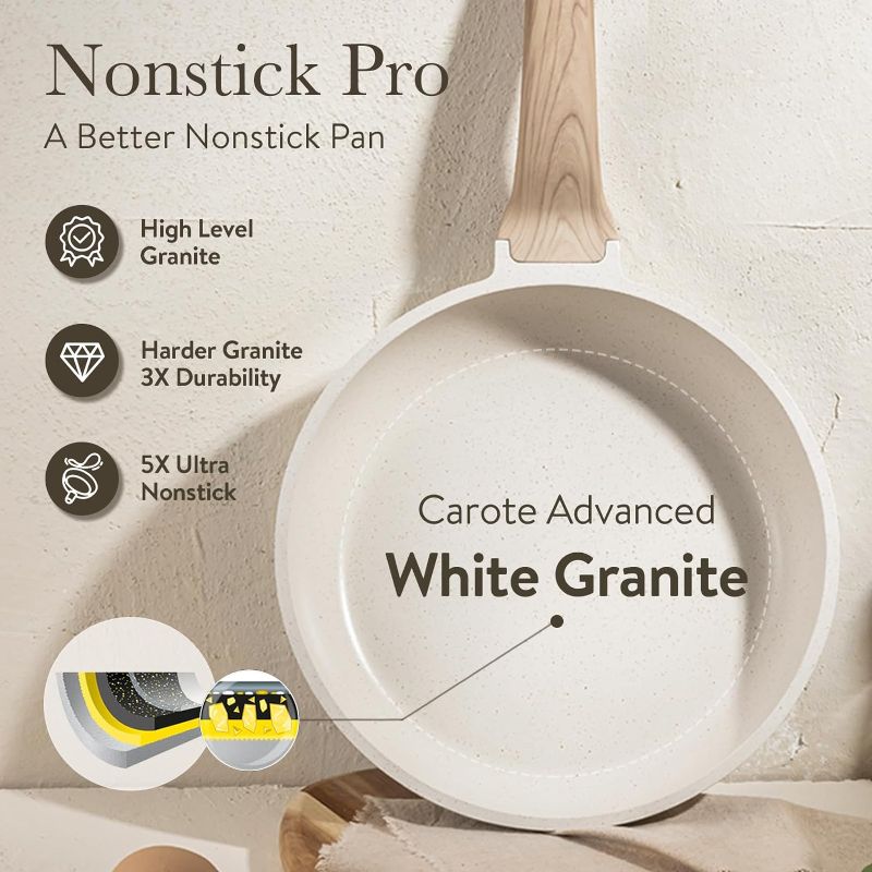 Photo 2 of CAROTE Pots and Pans Set Nonstick, White Granite Induction Kitchen Cookware Set, 10 Pcs Non Stick Cooking Set w/Frying Pans & Saucepans(PFOS, PFOA Free)