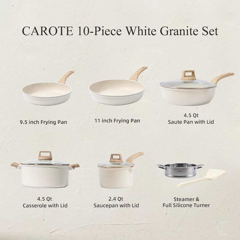 Photo 1 of CAROTE Pots and Pans Set Nonstick, White Granite Induction Kitchen Cookware Set, 10 Pcs Non Stick Cooking Set w/Frying Pans & Saucepans(PFOS, PFOA Free)