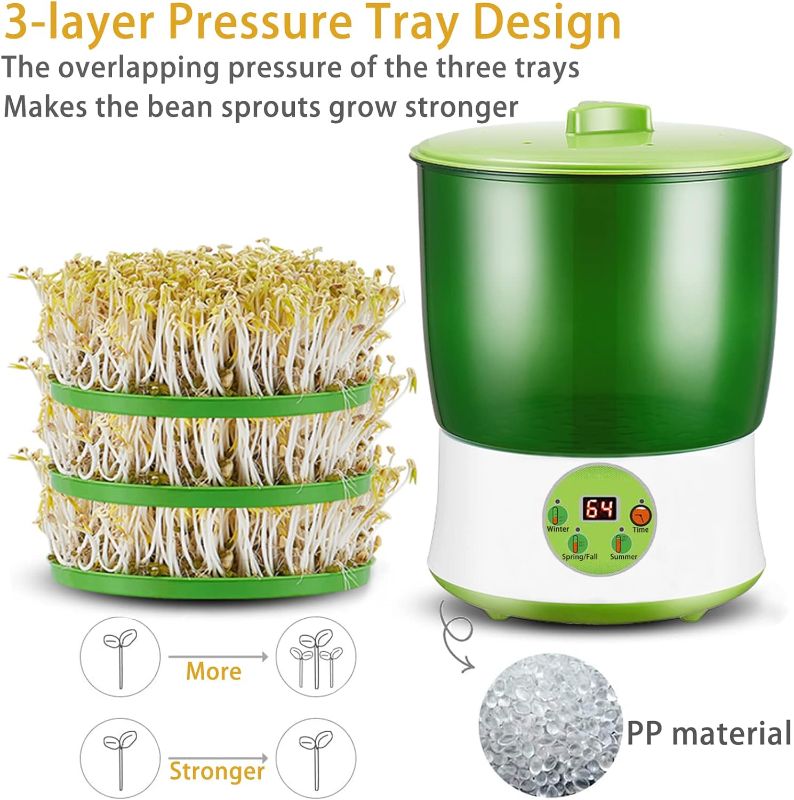 Photo 2 of Bean Sprouts Machine, Seed Sprouter Kits, LED Display Time, Intelligent Automatic Bean Sprouts Maker, 3 Layers Function Large Capacity Seed Grow, Also for Radish, Alfalfa, Wheatgrass, Broccoli Sprouts 