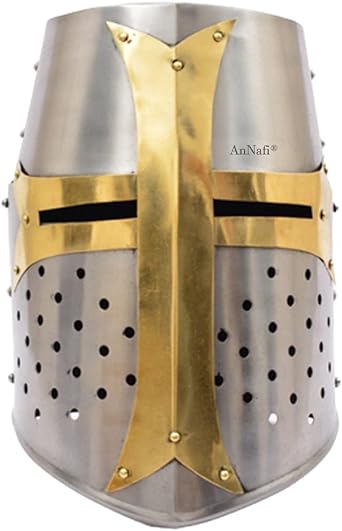 Photo 1 of AnNafi® Brass Crusader Helmet | Medieval Metal Knight Helmets | PREMIUM QUALITY with Fitted LEATHER LINER | Dark Crusades Helmet Wearable for Adult | Medieval Costumes 