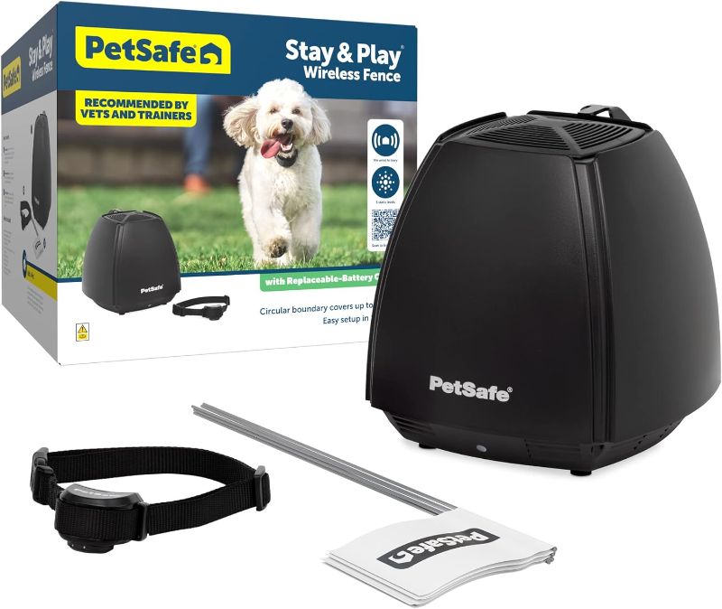 Photo 1 of PetSafe Stay & Play Wireless Pet Fence & Replaceable Battery Collar - Circular Boundary Secures up to 3/4 Acre Yard, No-Dig, America's Safest Wireless Fence (Packaging May Vary) 