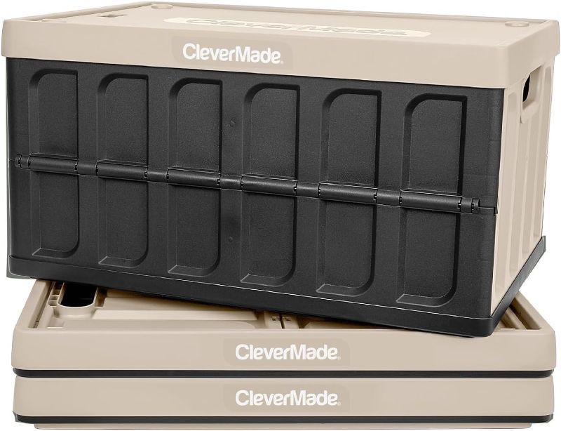 Photo 1 of " 1 BIN  HAS MINOR DAMAGED"  
CleverMade Collapsible Storage Bin (With Lid), Tan, 3PK - 62L (16 Gal) Folding Plastic Stackable Utility Crates, Holds 100lbs Per Bin - Solid Wall CleverCrates for Organizing, Storage, Moving