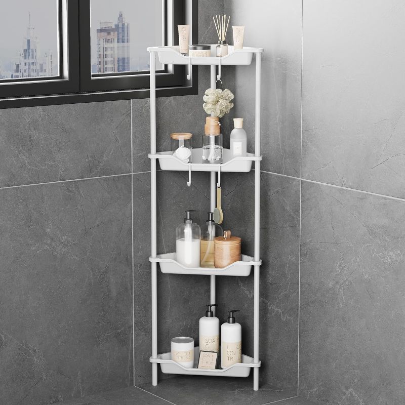 Photo 1 of "SIMILAR ITEM " 4 Tier Corner Shelves for Living Room Bedroom Bathroom?Plastic Metal Splicing Ground Cabinet Storage Rack,Organizador De Ducha,10.8 x 10.8 x 44.6 inches White - Rustproof 
WHITE