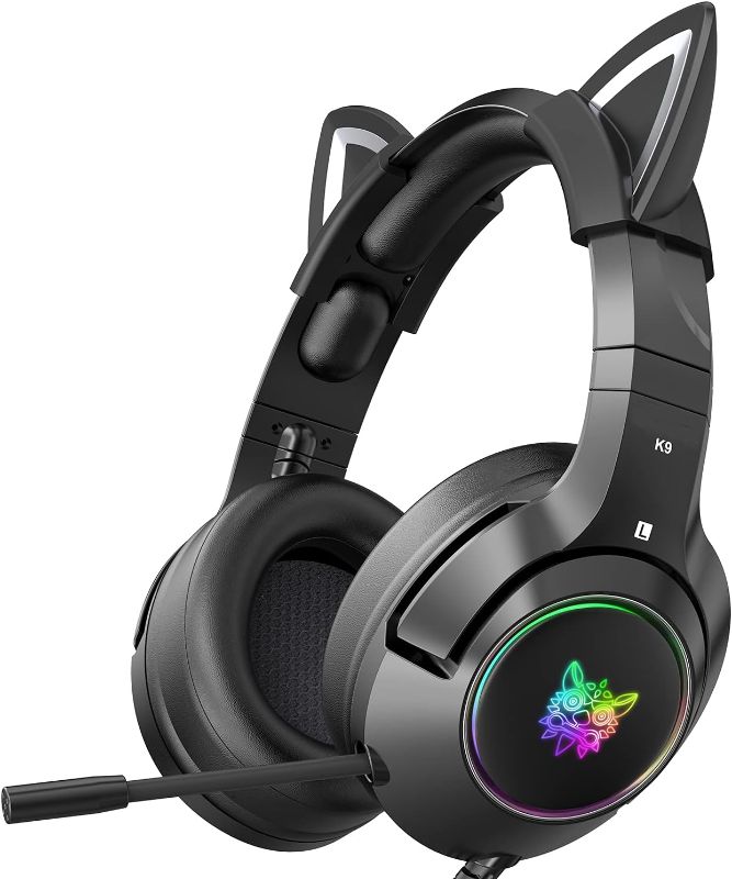 Photo 1 of Gaming Headset with Mic for PS4, PS5, Xbox One(No Adapter), Wired Over-Ear Headphones with Detachable Cat Ears, Noise Cancelling Microphone, RGB Backlight, Surround Sound for PC, Mobile Phone