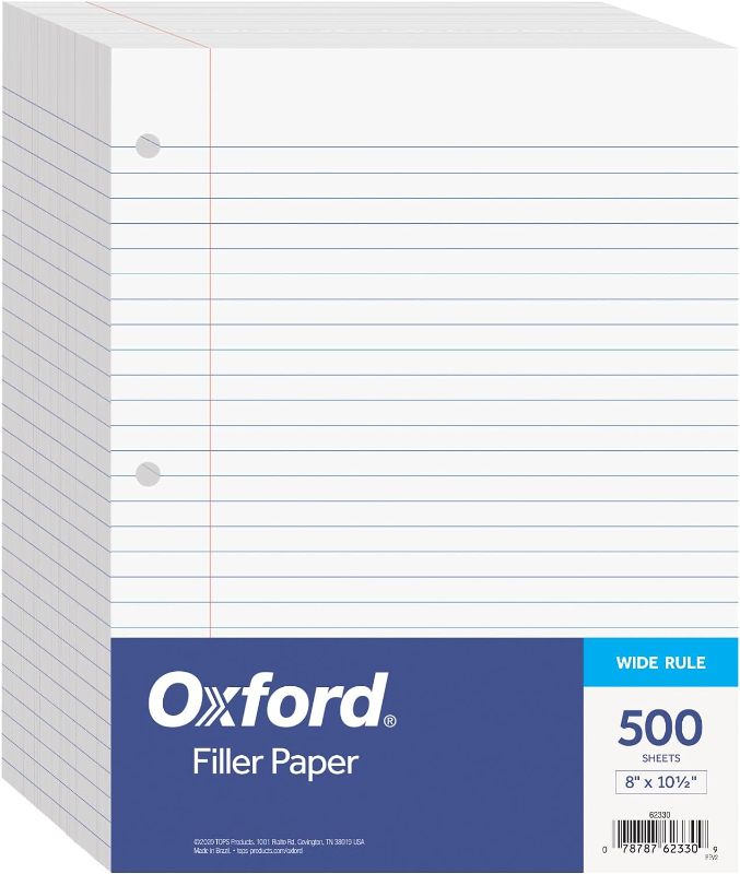 Photo 1 of Oxford Filler Paper, 8 x 10-1/2 Inch Wide Ruled Paper, 3 Hole Punch, Loose Leaf Notebook Paper for 3 Ring Binders, 500 sheets (62330), white