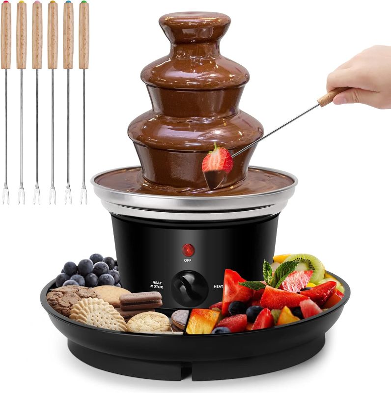 Photo 1 of 16-Ounce Chocolate Fondue Fountain, 3-Tier MINI Chocolate Fountain, Electric Melting Machine with 6PCS Fondue Fork and Removal Fruits/Nuts/Treats Serving Tray for BBQ Sauce,Ranch,Nacho Cheese,Liqueurs 