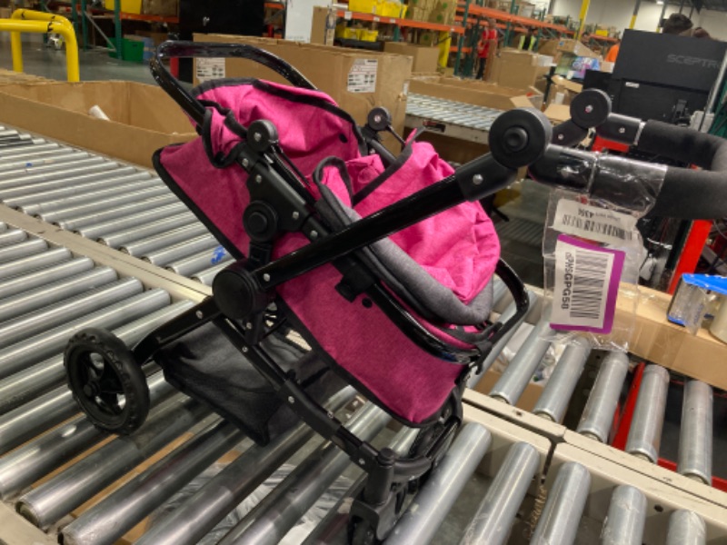 Photo 1 of Fash n Kolor Baby Doll Stroller My First Foldable Doll Stroller in Denim Hot Pink Design, Bassinet Stroller with Baby Doll Adjustable Handle, Convertible Seat, Basket, and Free Carriage Bag