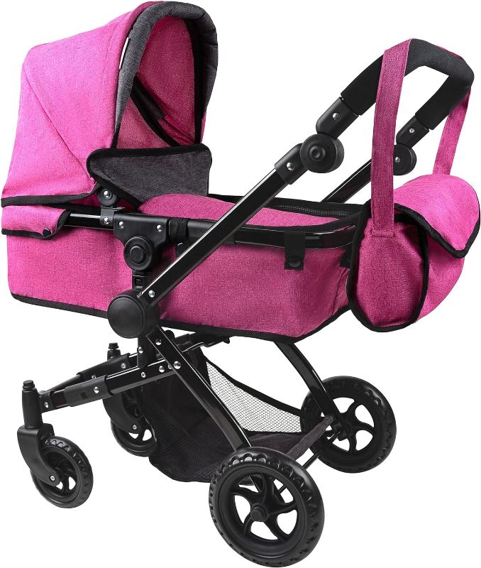 Photo 1 of Fash n Kolor Baby Doll Stroller My First Foldable Doll Stroller in Denim Hot Pink Design, Bassinet Stroller with Baby Doll Adjustable Handle, Convertible Seat, Basket, and Free Carriage Bag