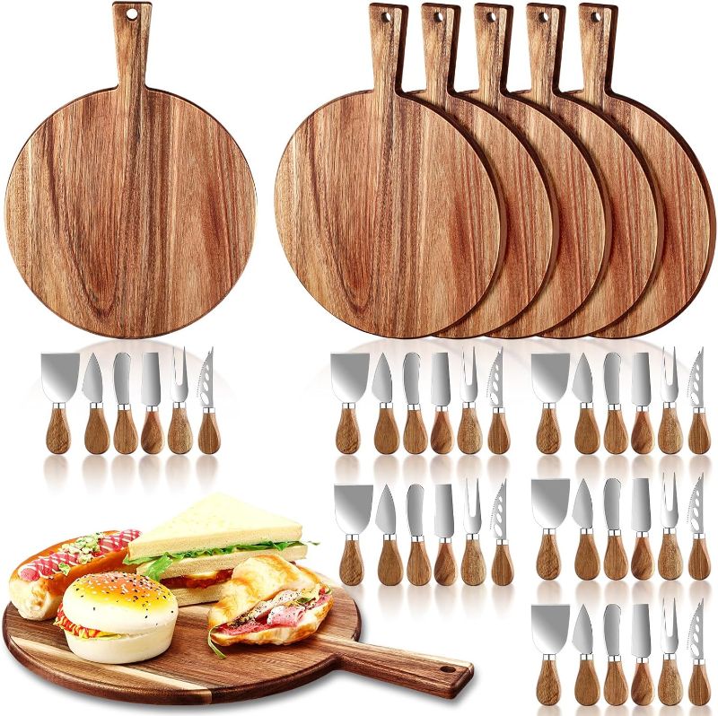 Photo 1 of 12 Set Christmas Cheese Board Set Christmas Wood Cutting Board with Handle and Cheese Knives Bulk Decorative Cheese Board for Meat Cheese Vegetables Christmas Mothers Day Wedding Gift (Round)