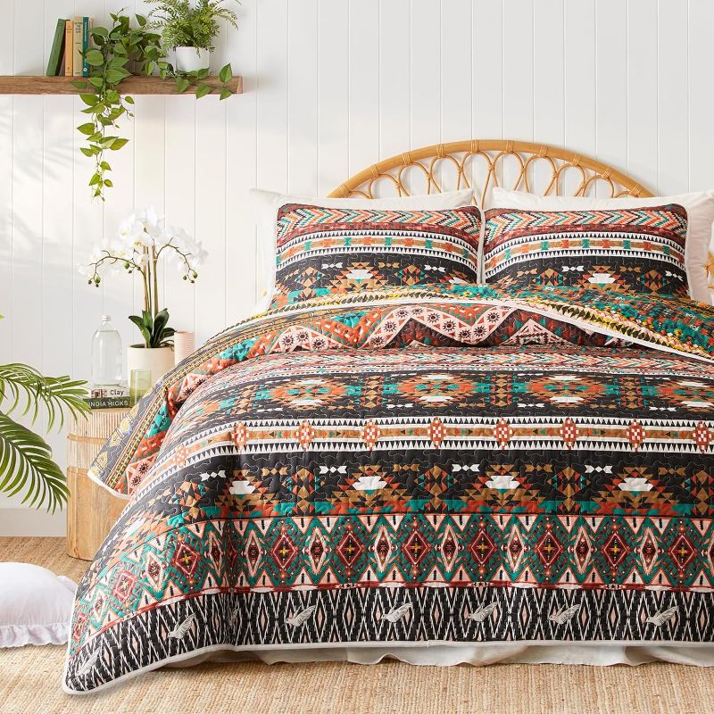 Photo 1 of 3 Pieces Colorful Bohemian Quilt Set King Size, Brown Boho Striped Printed Bedding Bedspread Coverlet Set for Summer, Soft Lightweight Microfiber Quilt with 2 Shams (102x88 inces)
