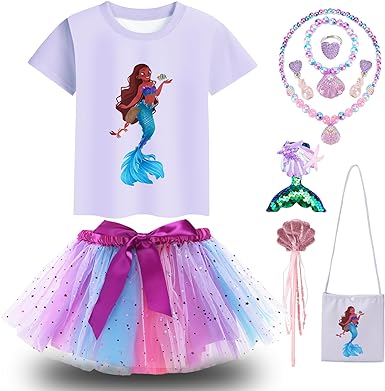 Photo 1 of QUJQOM Girls Mermaid Birthday Outfit Little Mermaid Costume Dress with Bag Wand Hairpin Necklace Earring Bracelet Ring 4-5 Years Blue T-shirt + Blue Tutu Dress