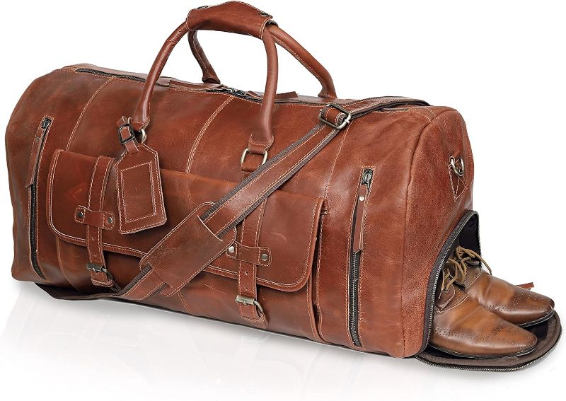 Photo 1 of 24" Leather Duffel Bags for Men and Women Full Grain Leather Travel Overnight Weekend Leather Bags Sports Gym Duffle for Men Light Brown - 24 Inch