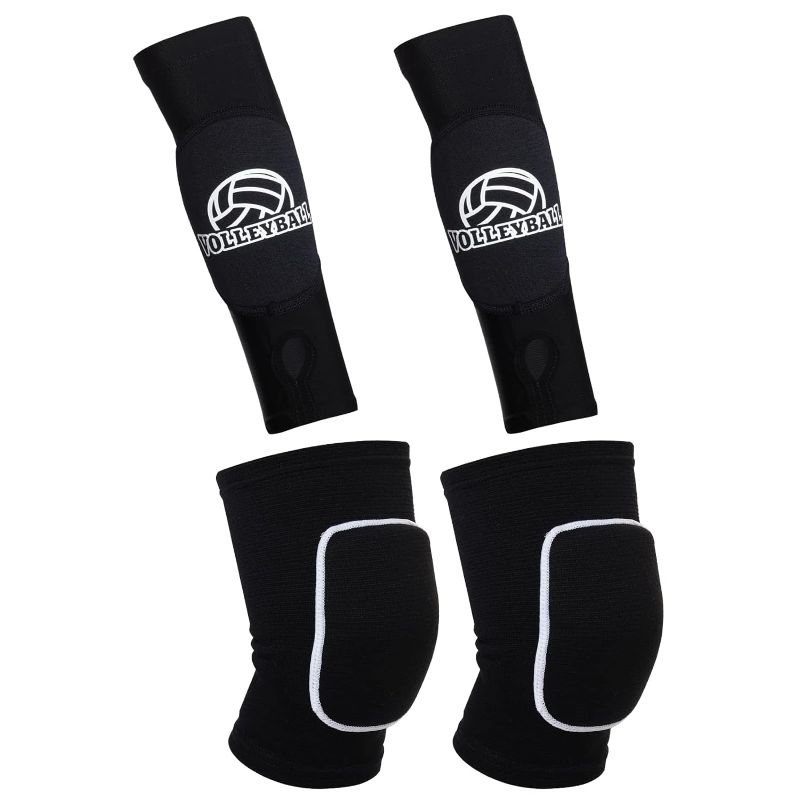 Photo 1 of 2 Pieces Volleyball Accessories Including Volleyball Knee Pads and Volleyball Arm Sleeves with Protection Pads and Thumb Hole for Women Girls Teens Volleyball Training (Black)
