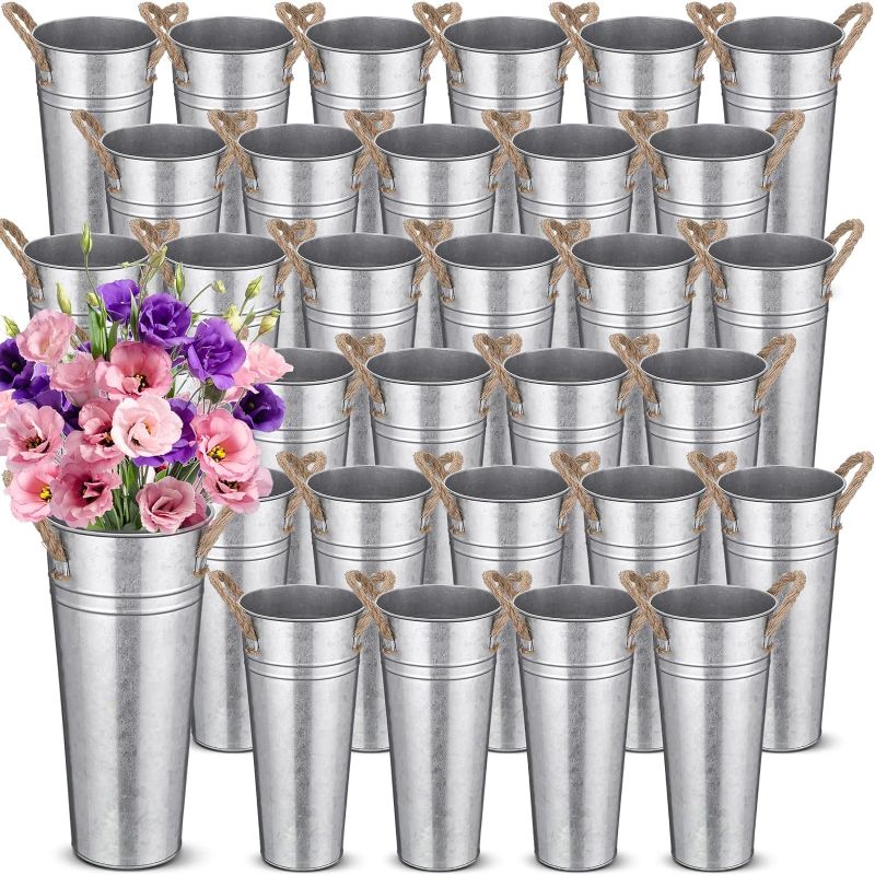 Photo 1 of 12 Pack 9 Inch Galvanized Metal Vases Bulk Farmhouse Flower Vases Vintage French Floral Bucket with Handles Rustic Tall Metal Planter Buckets for Wedding Table Centerpiece Decorations DIY Craft

